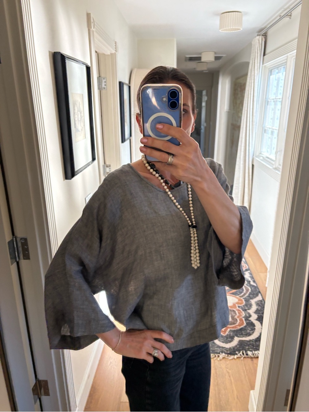 YUVITA 100% Linen Chambray Blouse Gray Dolman Sleeve Top Boxy Minimalist Sz S